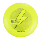 Yellow BOLT frisbee from a front angle