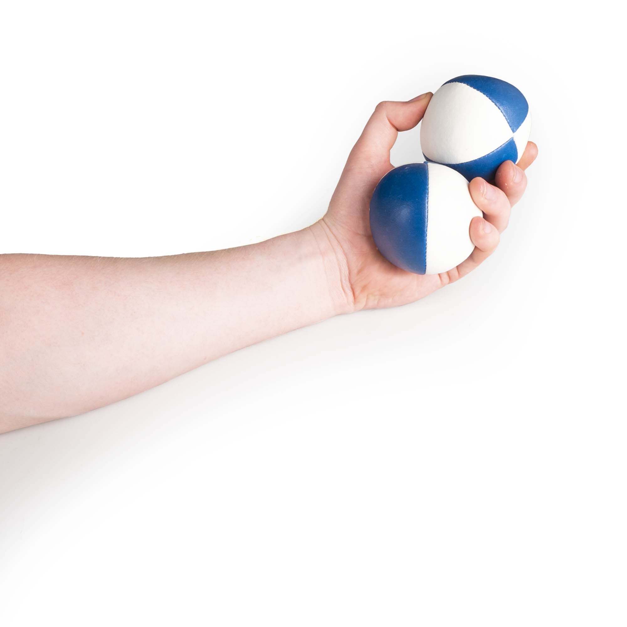 holding 2 blue/white balls