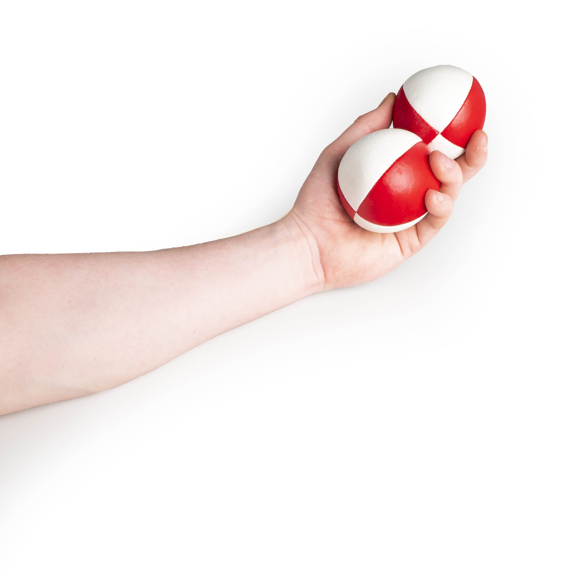 holding 2 red/white balls