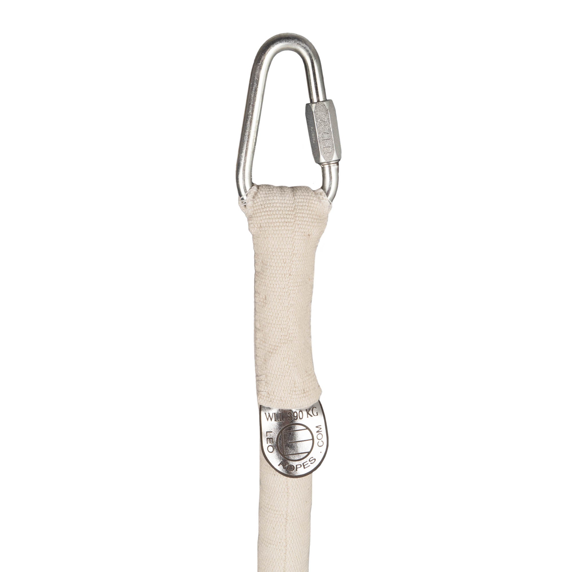 White Leo cotton covered rope close up of carabiner end