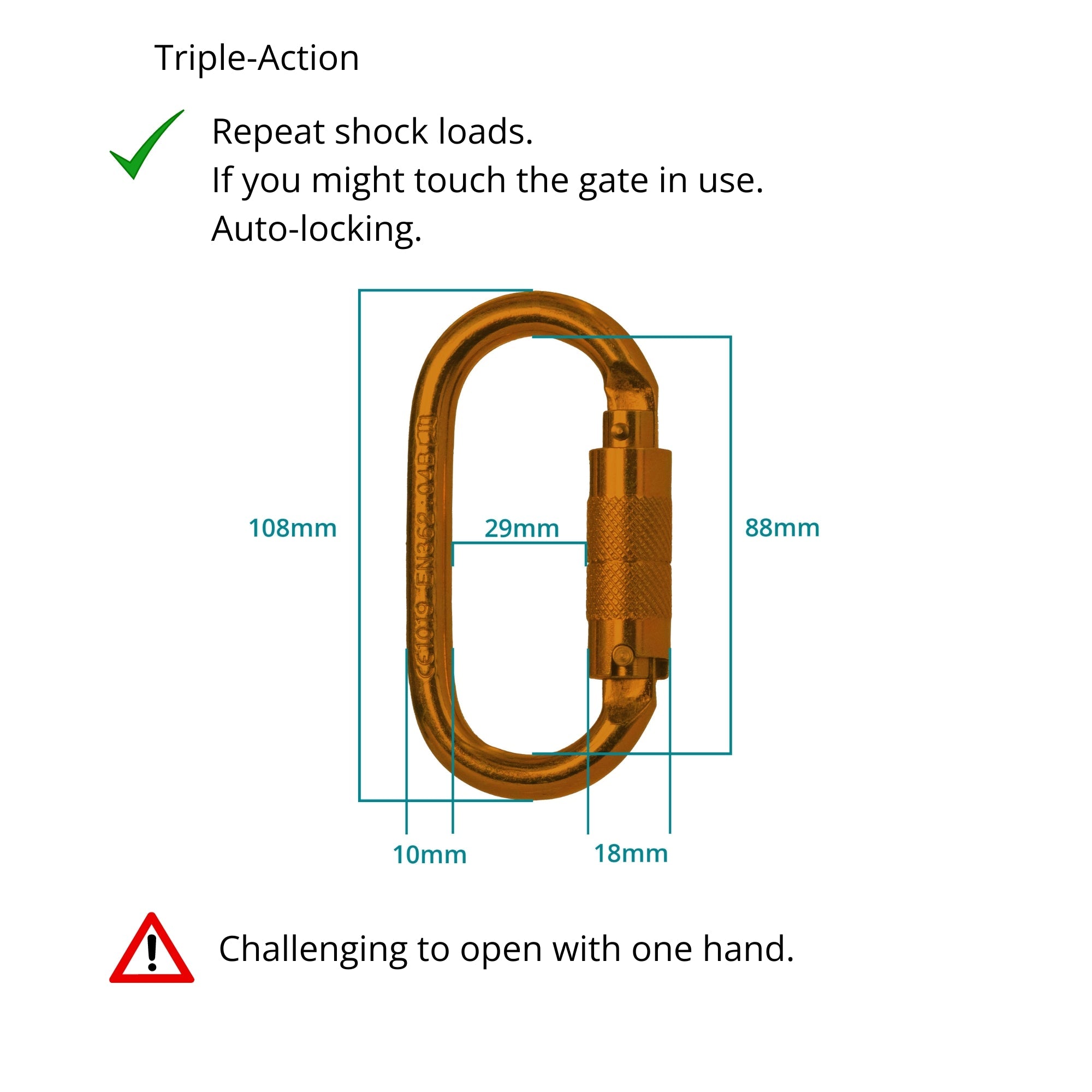 triple action carabiner measurements and info